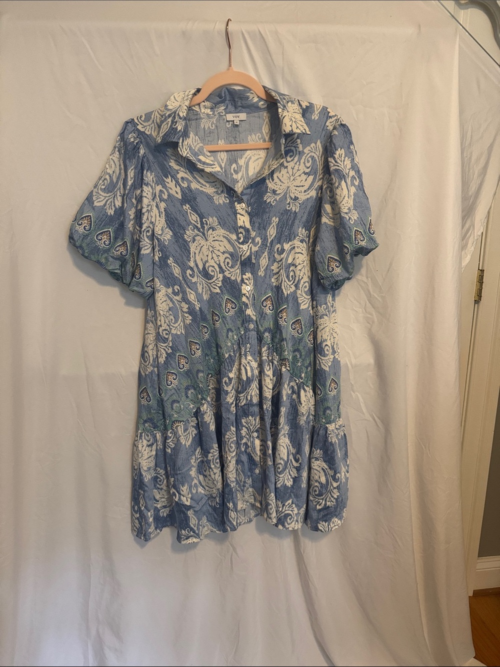 Casual Blue Paisley Button-Front Women’s Dress